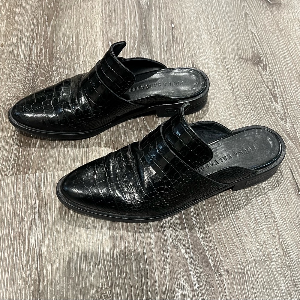 Freda Salvador Black Croc-Embossed Mules